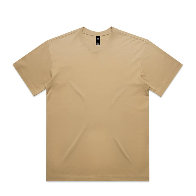 A plain beige t-shirt with a round neck and short sleeves, featuring a logo at the collar.