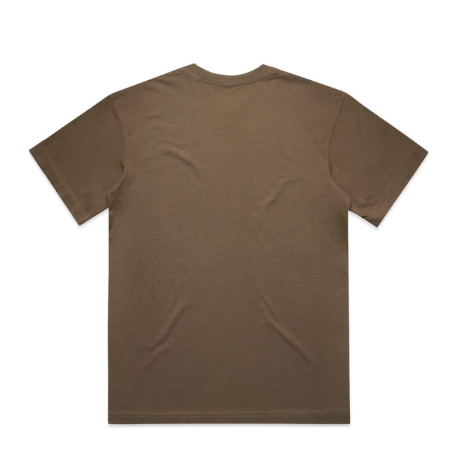 A khaki t-shirt with a plain back and short sleeves. The shirt features a logo.