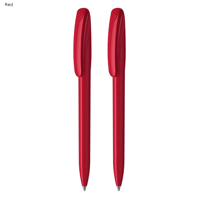 Two red plastic pens featuring a sleek design and a logo.