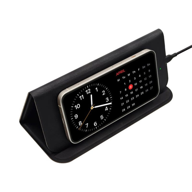 A sleek black foldable mouse pad with a built-in clock display and calendar, featuring a logo on the front.