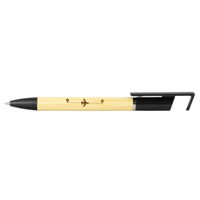 A bamboo pen with a black top and clip, featuring an aircraft design on the barrel, and a logo.