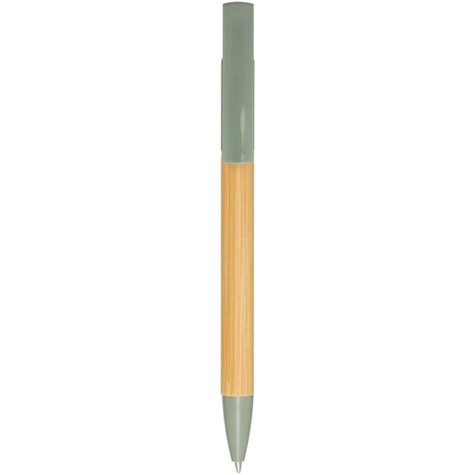 A pen with a bamboo body and a green plastic top, featuring a clip and a logo.