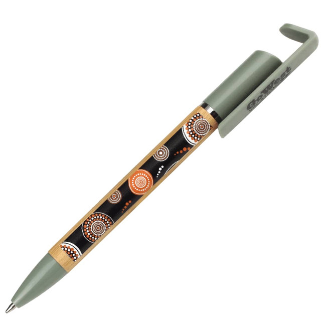 A green pen with a decorative pattern featuring earthy tones and circular designs, including a clip for holding.