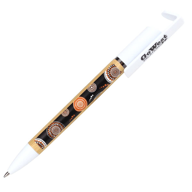 A pen with a white body featuring an Aboriginal-inspired design in black, orange, and brown. It has a logo on the clip.