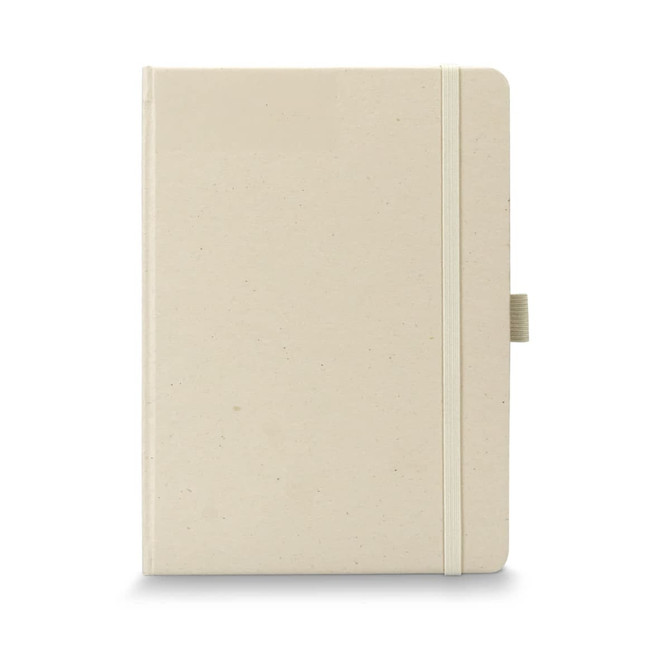 A recycled paper hard cover notebook in a light beige colour, featuring a band and a ribbon bookmark.