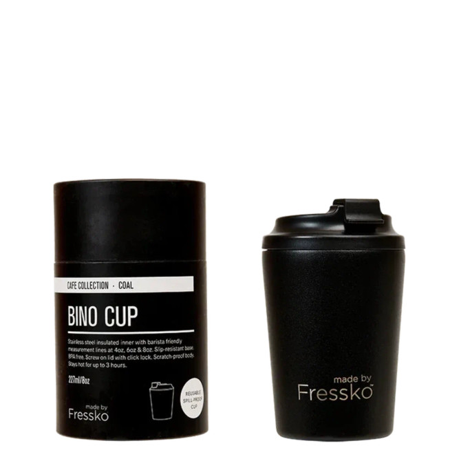 A reusable black cup with a sip-resistant lid and a stainless steel interior, featuring a branding logo.