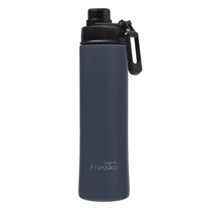 A drink bottle in navy blue with a black cap and a logo. Contains a carabiner for attachment.