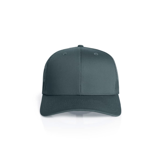 A dark teal Mesh Trucker Cap with a solid front panel and mesh back, featuring a subtle logo.