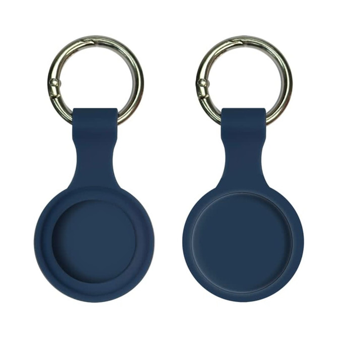 A navy blue silicone Airtag case featuring a keyring, with a simple, sleek design.