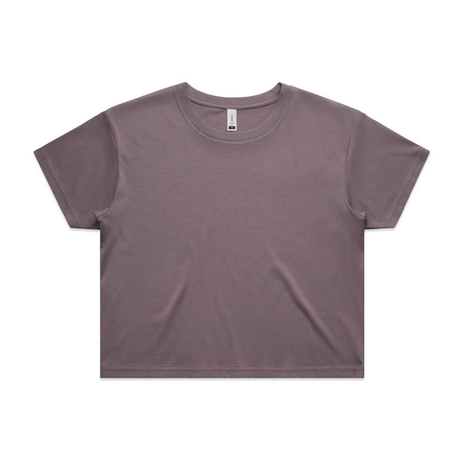 A faded crop tee in a soft mauve colour with short sleeves and a relaxed fit, featuring a logo on the label.