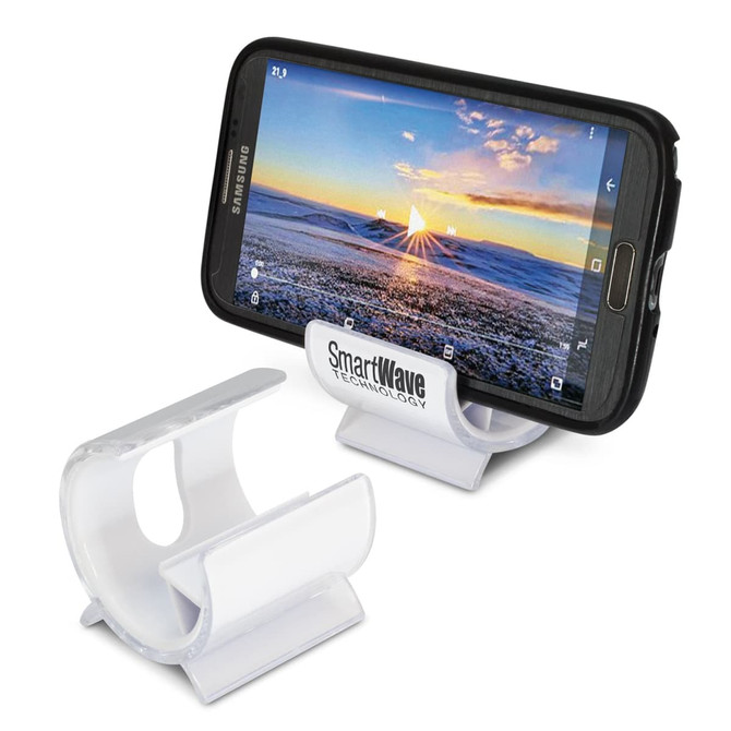 A white phone stand is displayed, supporting a smartphone with a scenic sunset background on the screen.