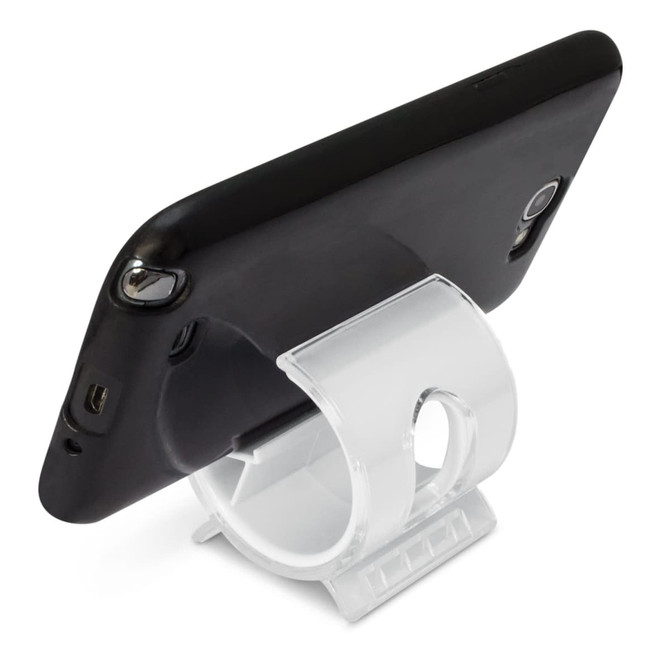 A transparent phone stand supporting a black smartphone at an angle, featuring a circular base and a sleek design.