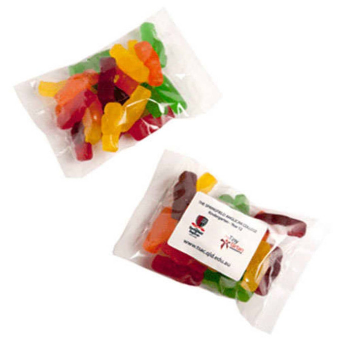 A clear bag of Jelly Babies in various colours, including red, yellow, green, and orange. The bag features a logo.