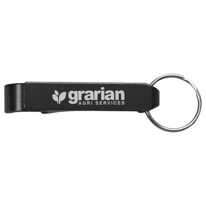 A black aluminium bottle and can opener, featuring a keyring attachment and a logo.