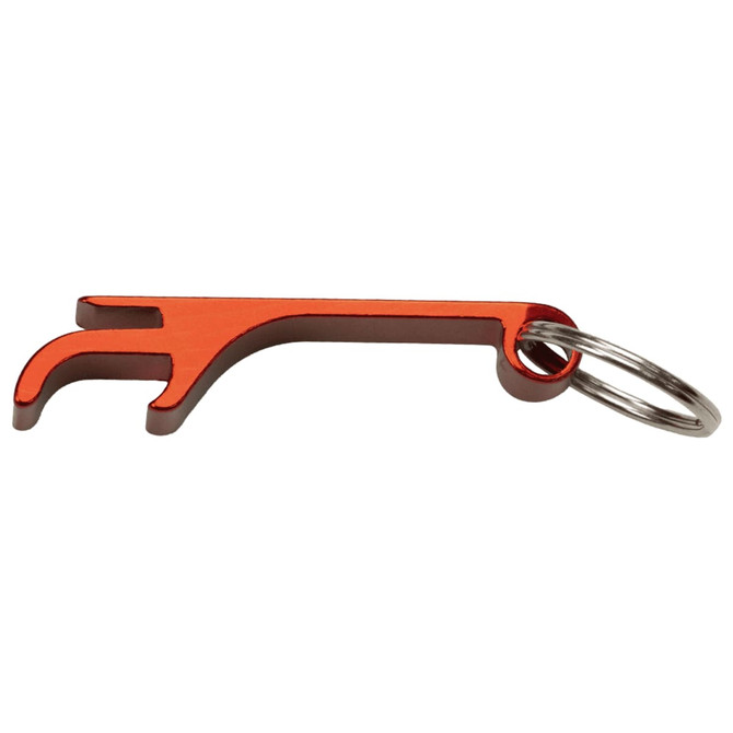 A red aluminium bottle and can opener with a keyring attachment. It features a simple, functional design.