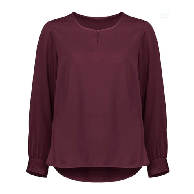 A burgundy long sleeve blouse with a round neckline and button detail, featuring gathered sleeves and a flowing silhouette.