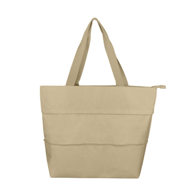 A beige reusable shopping bag with a zippered pocket and two sturdy handles. It features a logo.