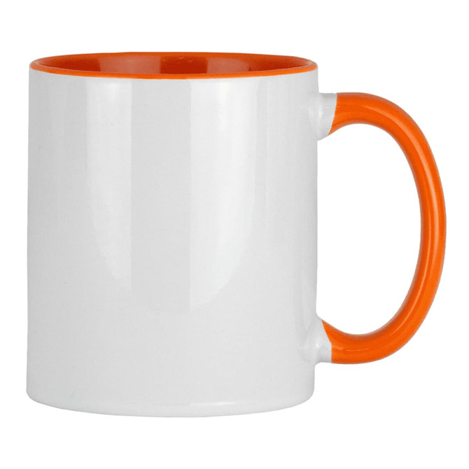 A ceramic mug featuring a white body with an orange handle and interior. It has a logo. Capacity: 325ml.