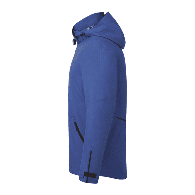 A blue soft shell jacket for men featuring a hood and zippered pockets, with a logo on it.