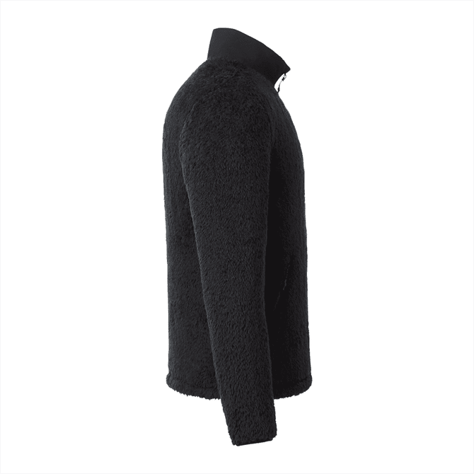 A soft shell jacket in black, featuring a textured, fuzzy exterior and a high collar. Includes branding.