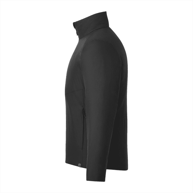 A black insulated puffer jacket for men, featuring a sleek design and side zip pockets. Includes a logo on the jacket.