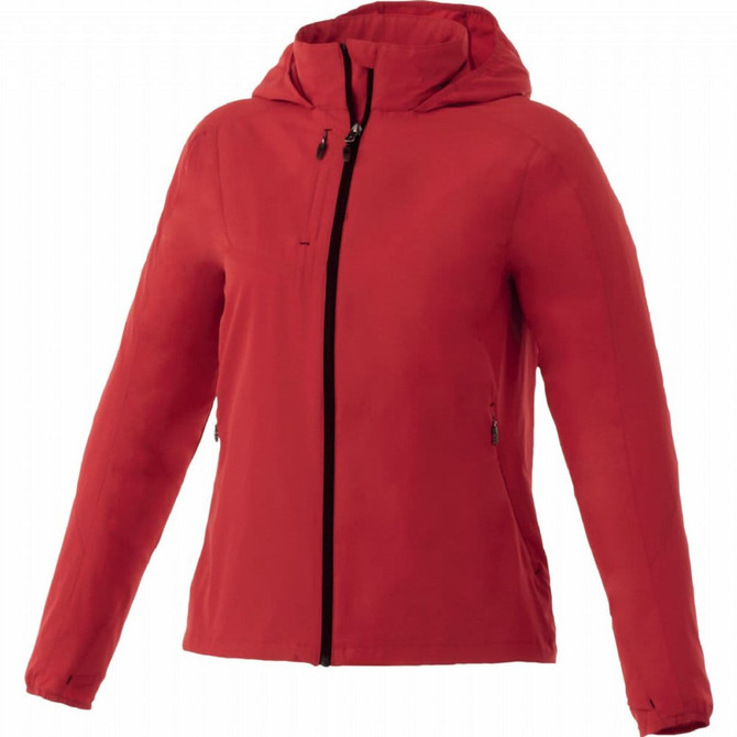 A red lightweight jacket for women with a hood and zipped pockets, featuring a branding logo.
