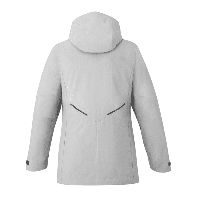 A women's soft shell jacket in light grey, featuring a hood and pockets on the back. It has a logo displayed.