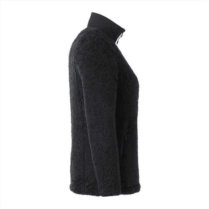 A black soft shell jacket featuring a high collar and a plush texture, with a logo on the fabric.