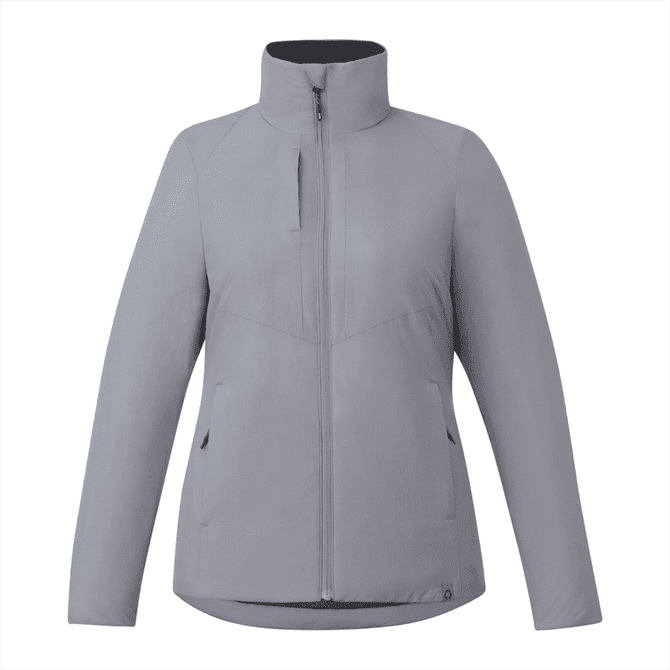 A grey insulated puffer jacket for women, featuring a high collar, zip closure, and side pockets. It has a logo.