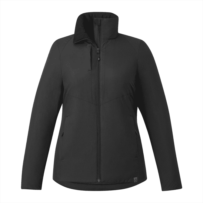 A black insulated puffer jacket for women with a zip front, high collar, and two side pockets.
