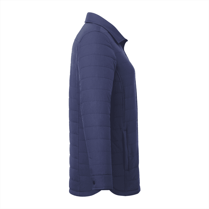 A navy insulated shacket for women, featuring a collared neck and side pockets. It has a logo on the design.