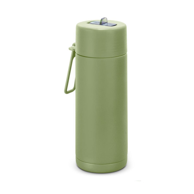 A drink bottle in a soft green colour, featuring a handle and a logo, designed for 600ml capacity.