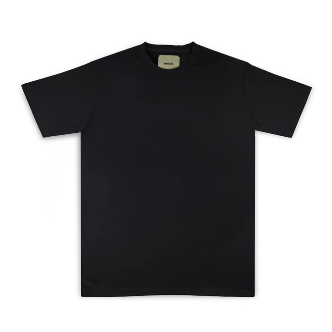 A black essential t-shirt with a crew neckline, featuring a label inside and a logo on the front.