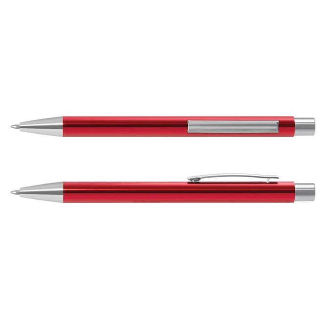 A metal pen in vibrant red with silver accents and a clip. It features a sleek, modern design and branding.