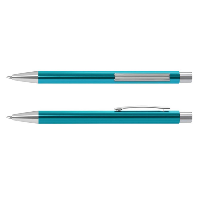 A metal pen in a vibrant teal colour with silver detailing and a clip. It features a sleek, modern design.