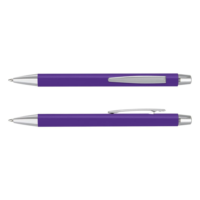 A purple pen with a silver clip and tip, featuring a logo on its barrel.