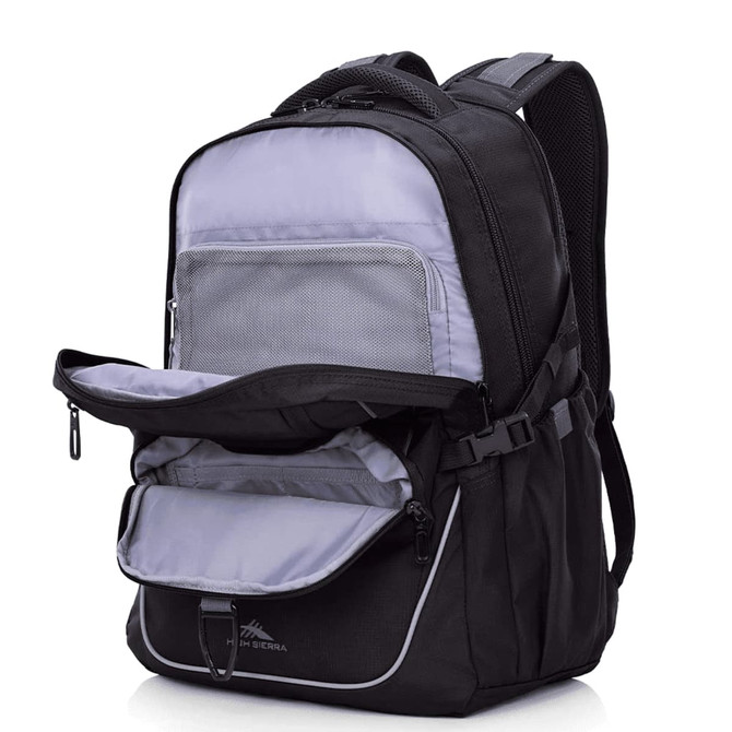 A black and grey backpack with multiple compartments and a logo is displayed.