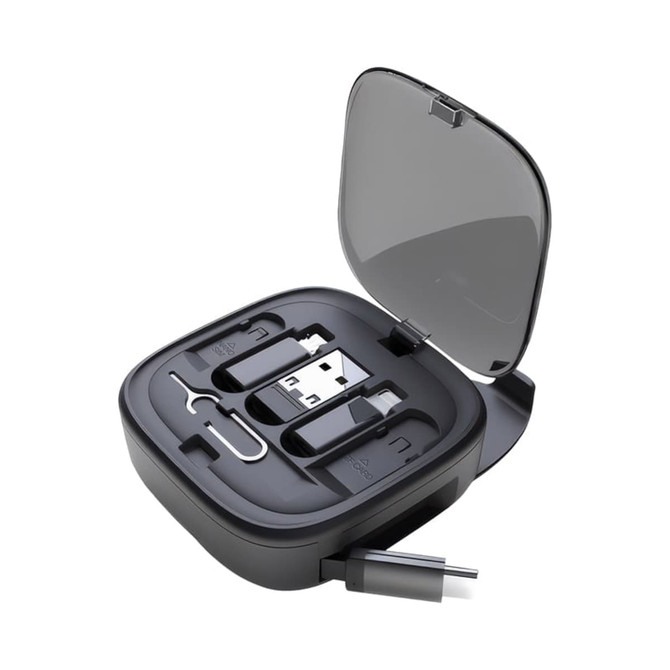 A compact, black retractable charging and data cable set housed in a protective case with a transparent lid.