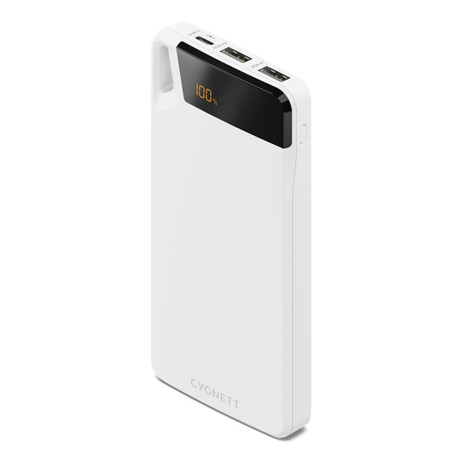 A white power bank with multiple USB ports and a digital display showing battery percentage. It has a logo on the front.