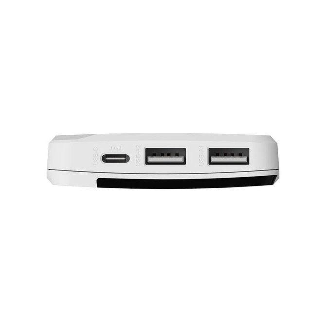 A white power bank featuring a USB-C port and two USB-A ports. It has a smooth, rounded design.