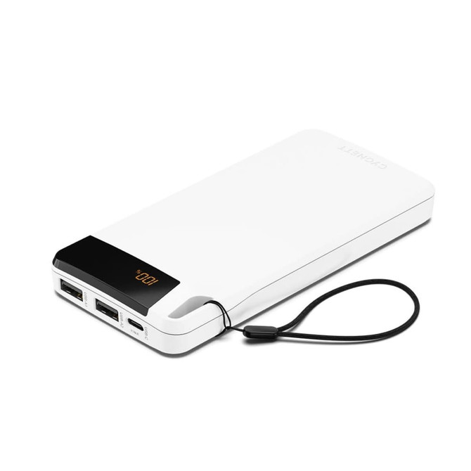 A white power bank with multiple USB ports and a detachable strap. It features a sleek, compact design.