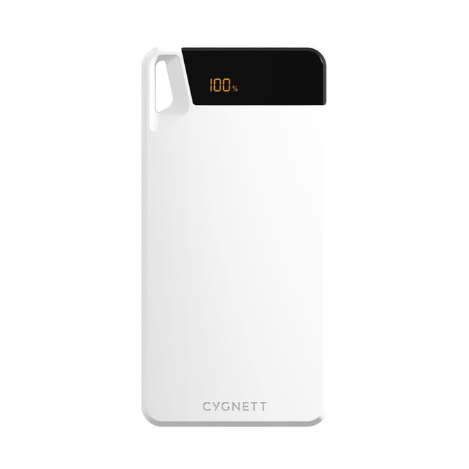 A white power bank with a digital display showing battery percentage. It features a logo on the bottom.