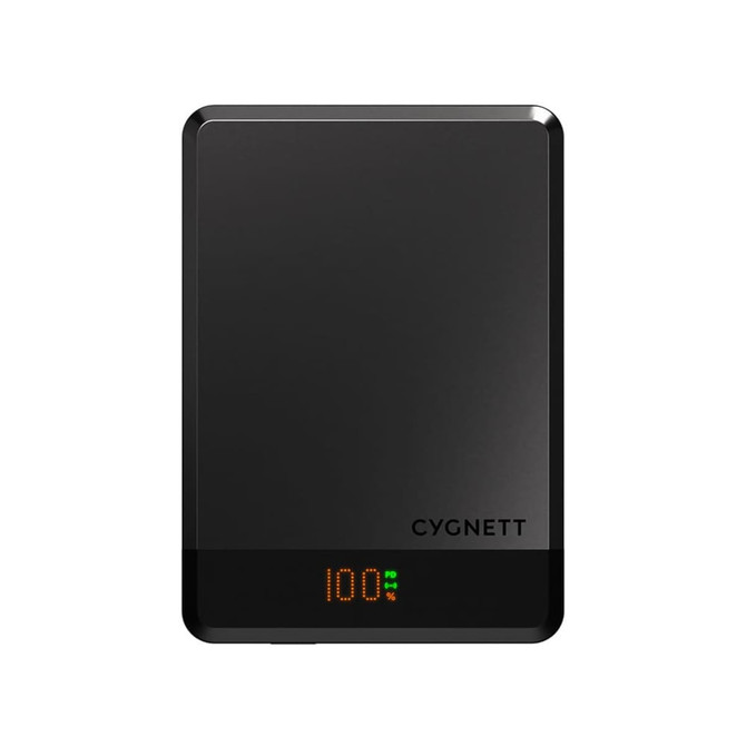 A black Cygnett MAGSLIM Magnetic Wireless Power Bank with a digital display showing battery percentage.