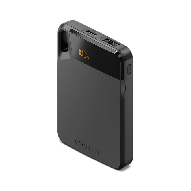 A black power bank with two USB ports and a digital display indicating battery percentage. It features a logo.