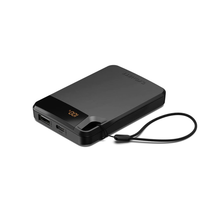 A black power bank with a built-in strap, featuring two USB ports and an LED indicator.
