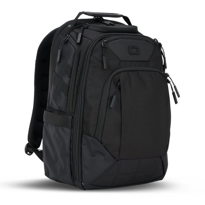A black OGIO Renegade DNA backpack featuring multiple compartments, zippers, and a sleek design.