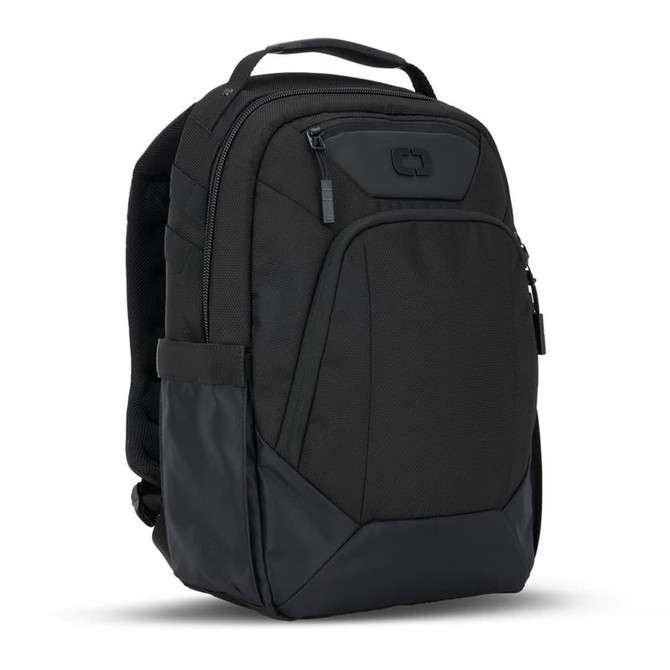 A black OGIO Axle DNA Backpack with padded straps and multiple compartments. It features a logo on the front.