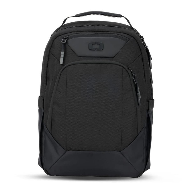 A black OGIO Axle DNA Backpack featuring sleek design, multiple compartments, and a logo.