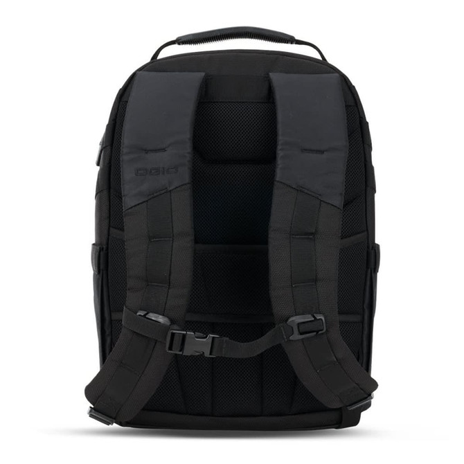 A black backpack with padded shoulder straps and a structured back. It features a logo on the upper area.