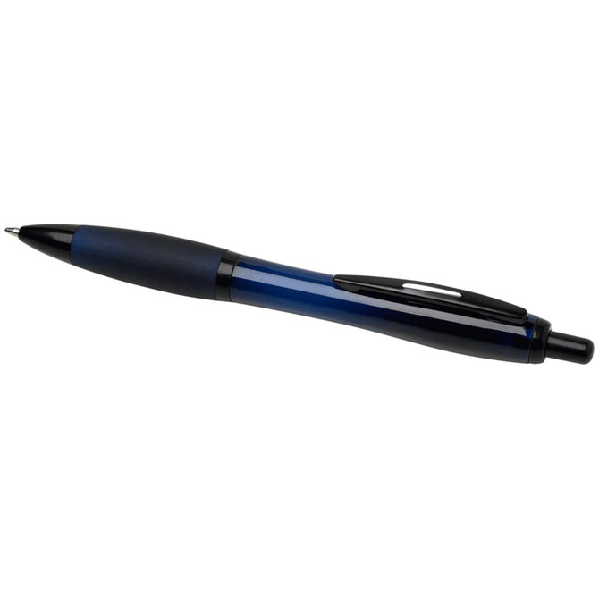 A black and blue pen with a sleek design and a logo on the barrel.